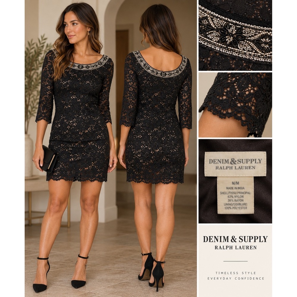 Denim & Supply Ralph Lauren Black Lace Beaded Neckline Mini Dress Womens Medium